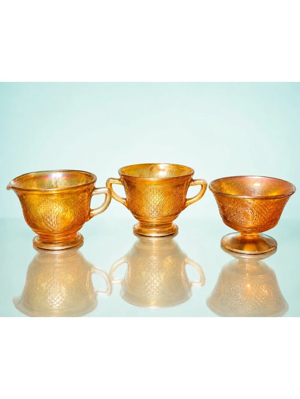 Federal 1930 Cream Sugar Sherbet Set Normandie Bouquet Lattice Marigold Carnival